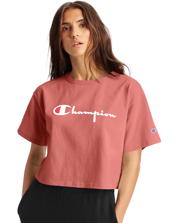 Champion Womens T-Shirt NZ - Heritage Cropped Script Logo Coral ( 2345-FPSJZ )